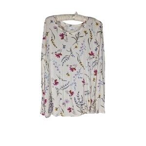 Time & Tru Blouse XXL White Floral Long Sleeve Knot Tie Hem Pullover Stretch